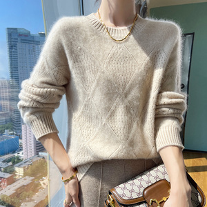 23秋冬新款100%纯羊绒衫女圆领菱形镂空长袖毛衣宽松慵懒羊毛打底