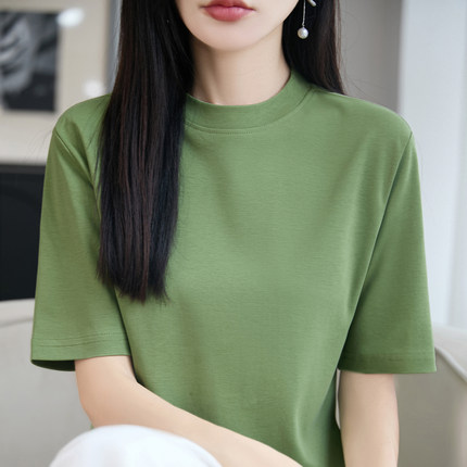 冰萃极简风100%纯棉半高领短袖T恤女宽松休闲丝光棉背心半袖打底