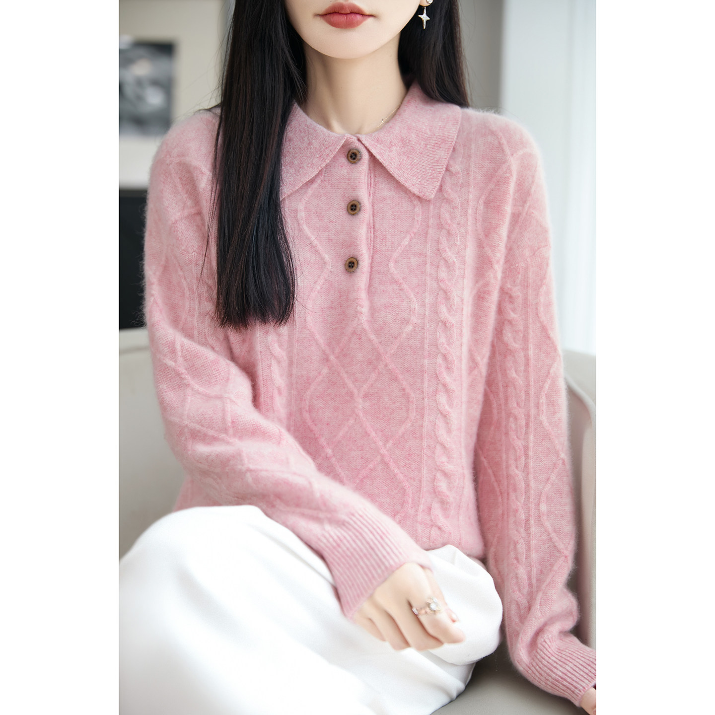 100%纯羊毛衫女加厚翻领针织毛衣