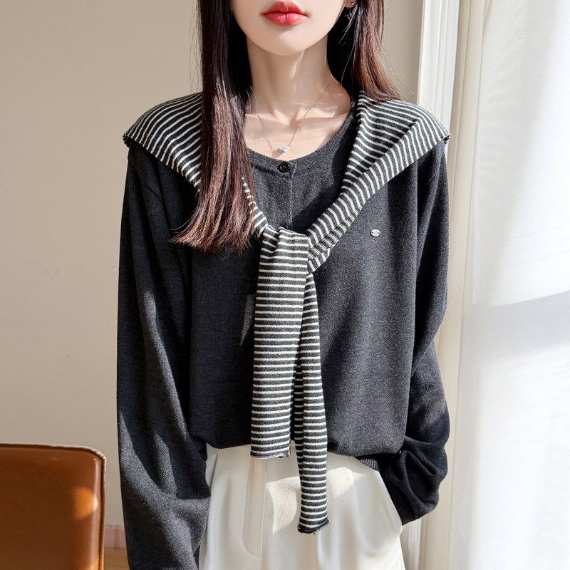 春秋新款精纺羊毛开衫女条纹围巾两件套针织毛衣宽松气质长袖外套