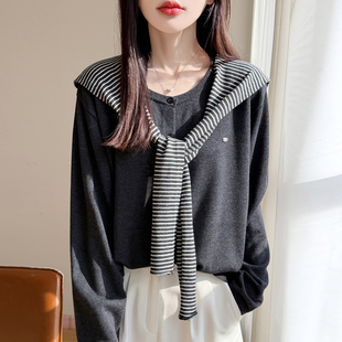 春秋新款精纺羊毛开衫女条纹围巾两件套针织毛衣宽松气质长袖外套