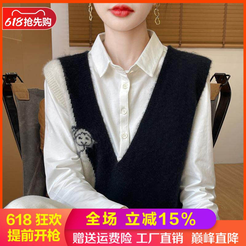 100%纯羊毛马甲V领拼色针织坎肩
