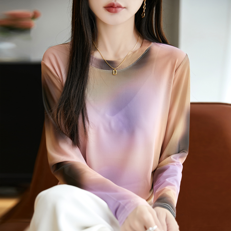 春夏薄款网纱微透圆领晕染上衣女拼色褶皱长袖T恤衫收腰显瘦罩衫