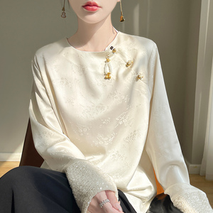 国风新中式醋酸缎面长袖女圆领珍珠盘扣亮片真丝上衣宽松提花衬衣