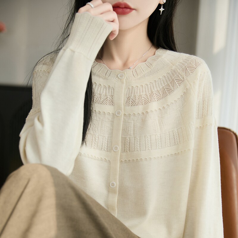 春秋款超细精纺羊毛开衫女花边圆领镂空提花针织毛衣宽松外套上衣