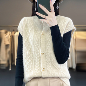 圆领提花100%纯羊绒马甲开衫女秋冬款加厚宽松羊毛衫上衣坎肩外套