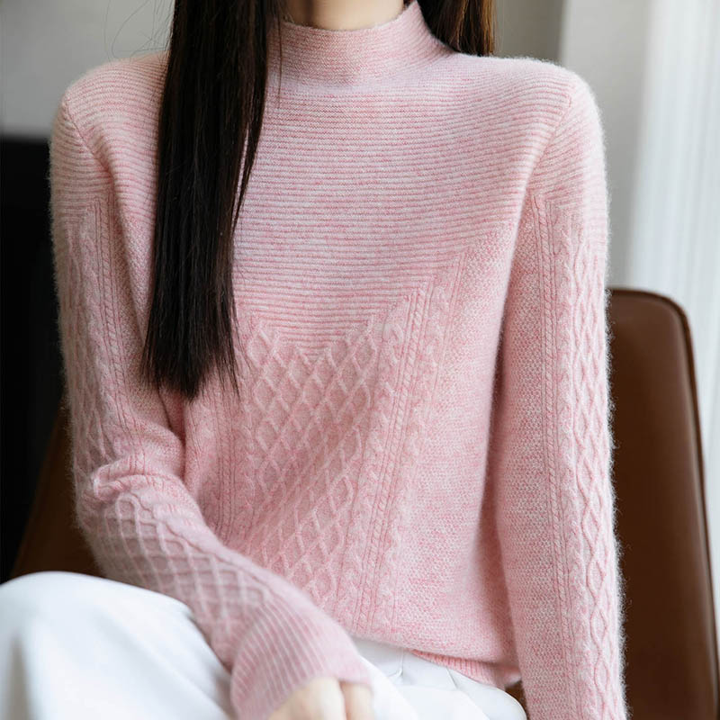 半高领100%纯羊毛衫女菱形提花针织毛衣宽松羊绒衫长袖打底衫上衣