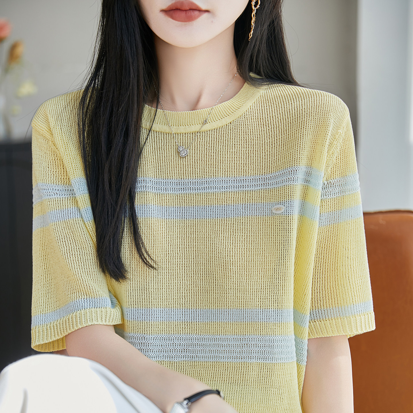 夏季珍珠麻条纹拼色针织短袖T恤女圆领薄款背心上衣宽松打底半袖