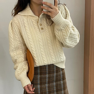 复古风POLO领麻花100%纯羊毛针织衫女加厚纽扣毛衣宽松羊绒衫打底