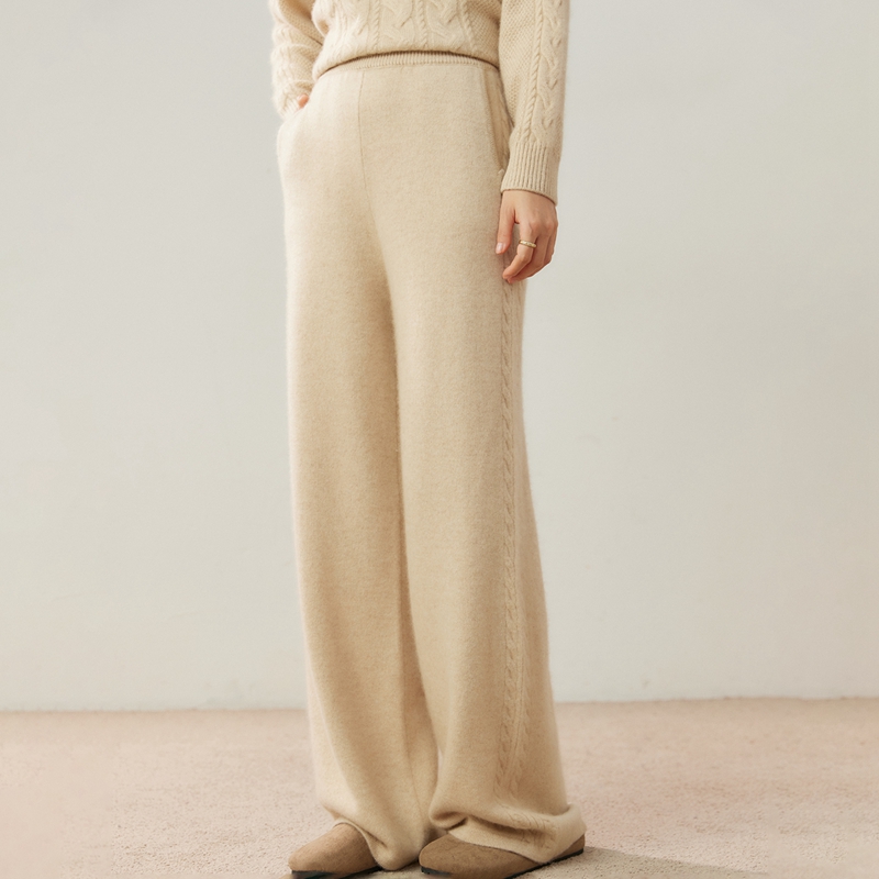 高端山羊绒针织阔腿裤女高腰显瘦提花长裤宽松直筒休闲裤羊毛裤