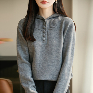 慵懒风连帽精纺羊毛针织衫女纽扣加厚套头毛衣宽松帽衫卫衣打底衫