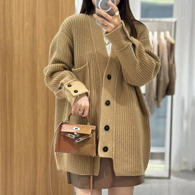 重磅加厚V领100%纯羊毛开衫女中长款宽松针织毛衣外套羊绒衫上衣