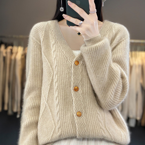 V领100%纯羊绒衫提花开衫女宽松慵懒加厚羊毛衫休闲针织外套上衣