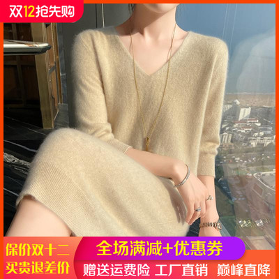 V领五分袖高端山羊绒连衣裙打底