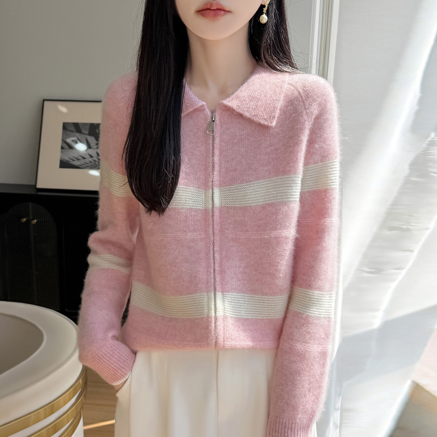 POLO领纯羊毛条纹拼色女开衫外套