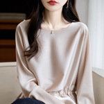 春秋缎面真丝长袖T恤上衣女圆领纯色抽绳醋酸衬衫宽松桑蚕丝打底