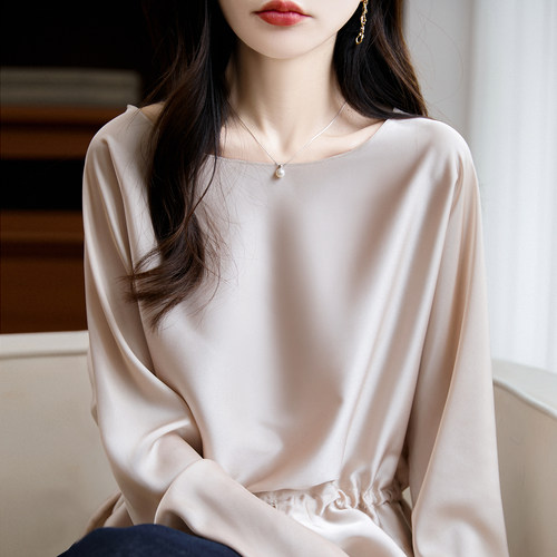 春秋缎面真丝长袖T恤衫抽绳上衣