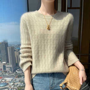 100%纯山羊绒衫女圆领扭花针织长袖毛衣2024秋宽松羊毛衫打底上衣