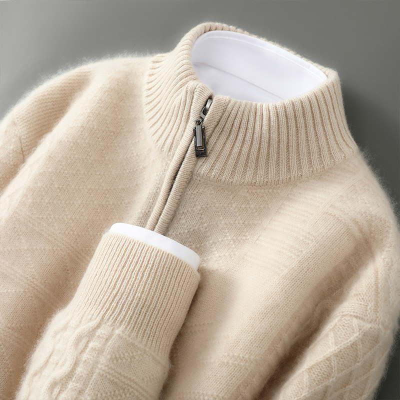 25秋冬100%纯羊毛衫男半高领拉链加厚绞花针织毛衣宽松羊绒衫打底