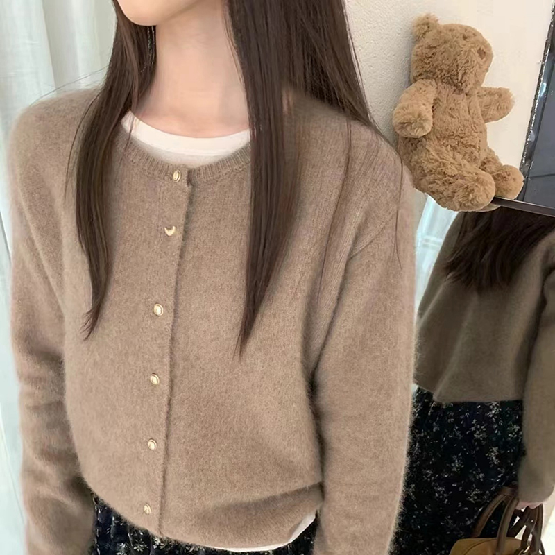 100%纯羊毛开衫女圆领纯色针织衫长袖毛衣宽松休闲百搭外套羊绒衫