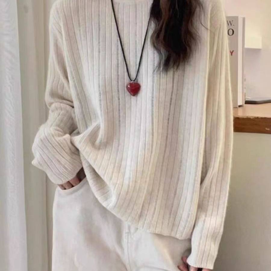 100%纯羊毛衫女圆领宽松打底毛衣