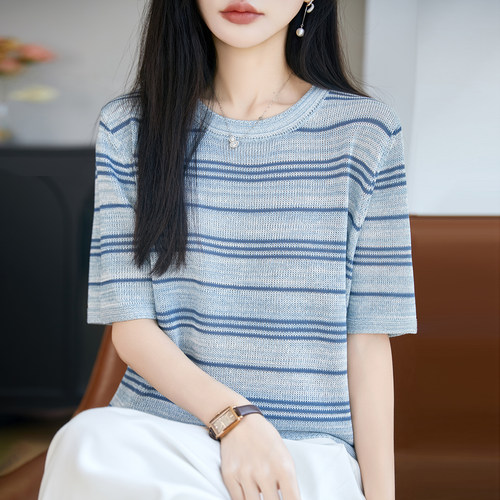 天丝亚麻针织条纹短袖T恤打底衫