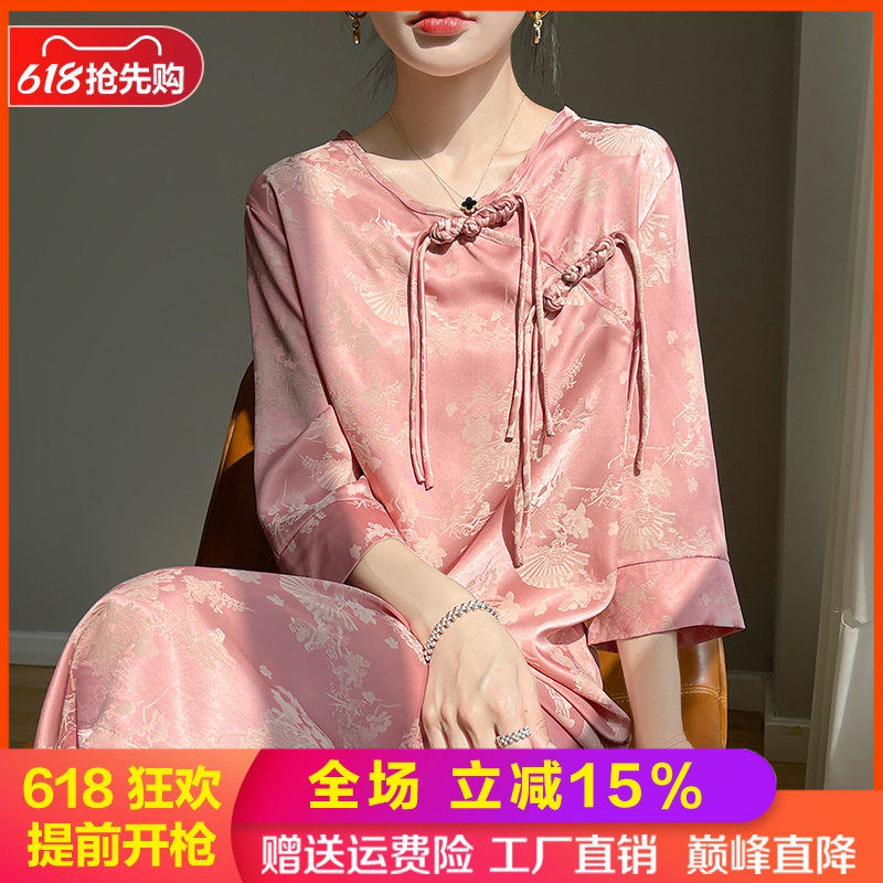 国风新中式圆领盘扣女真丝连衣裙