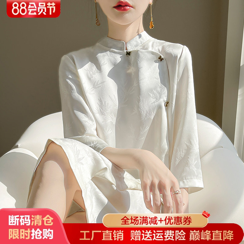 春秋国风新中式缎面连衣裙女立领复古盘扣长裙醋酸真丝五分袖裙子