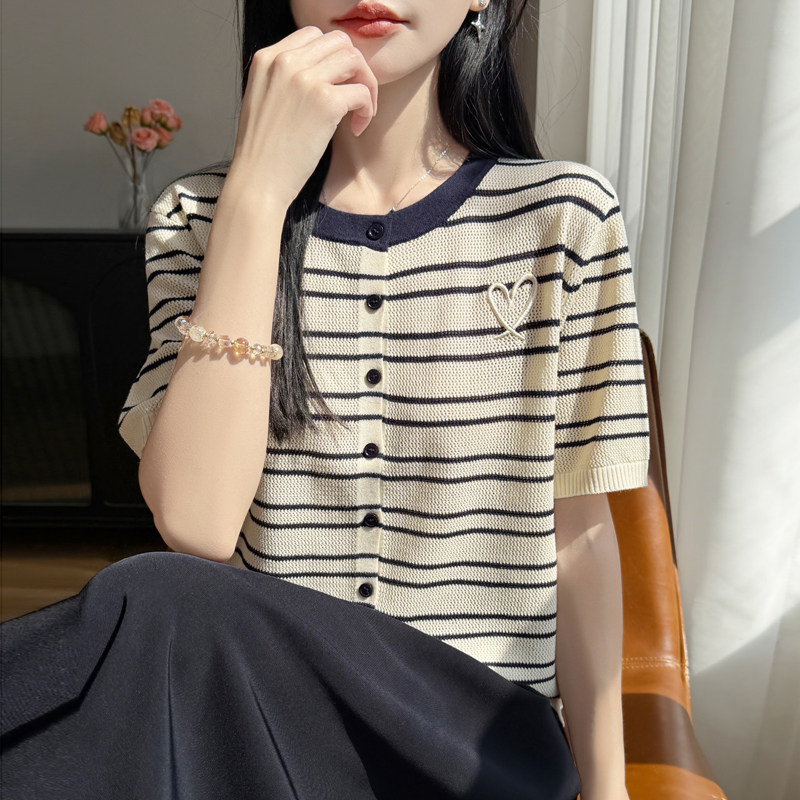 夏季精纺羊毛短袖开衫女条纹T恤