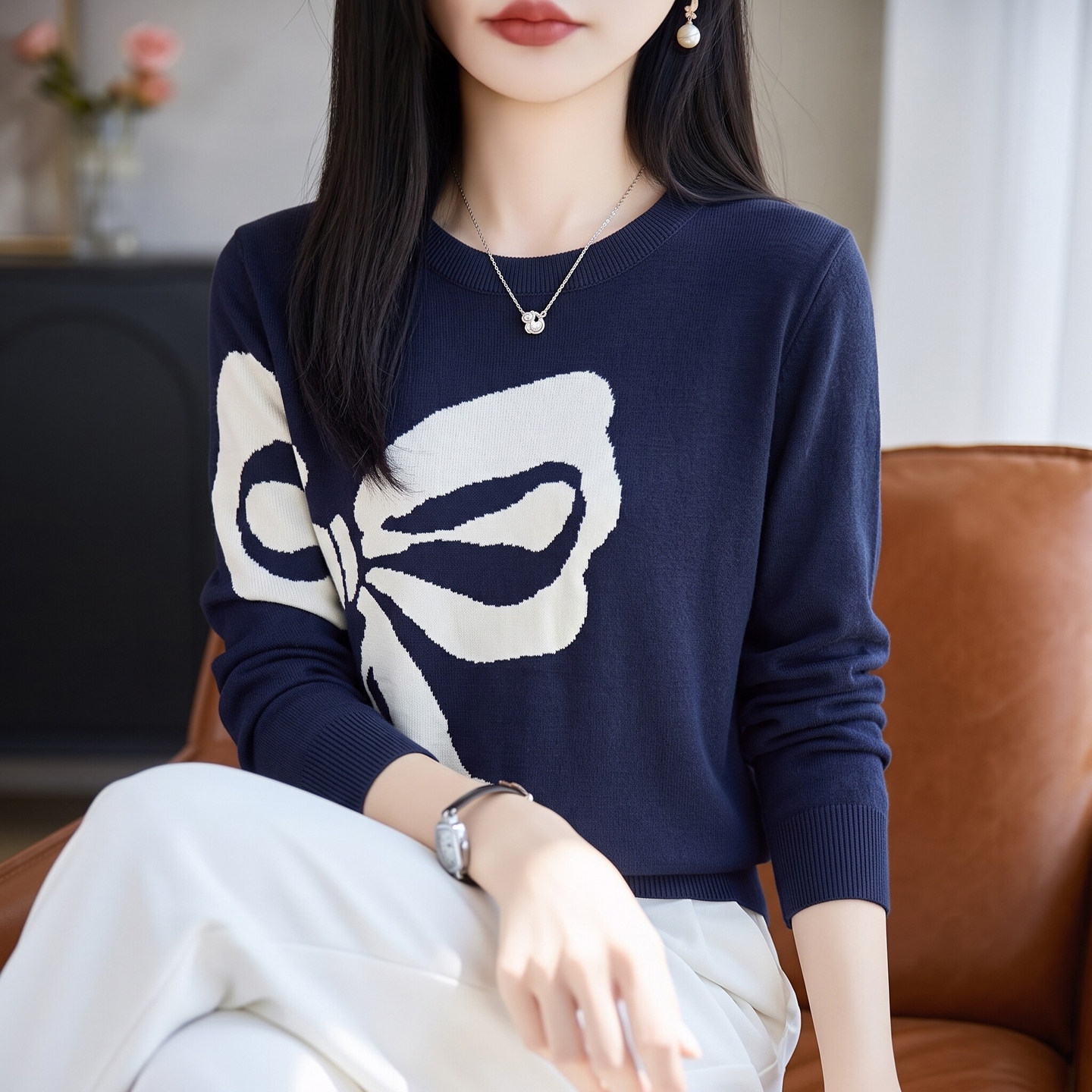 秋冬精纺羊毛衫女拼色蝴蝶结毛衣