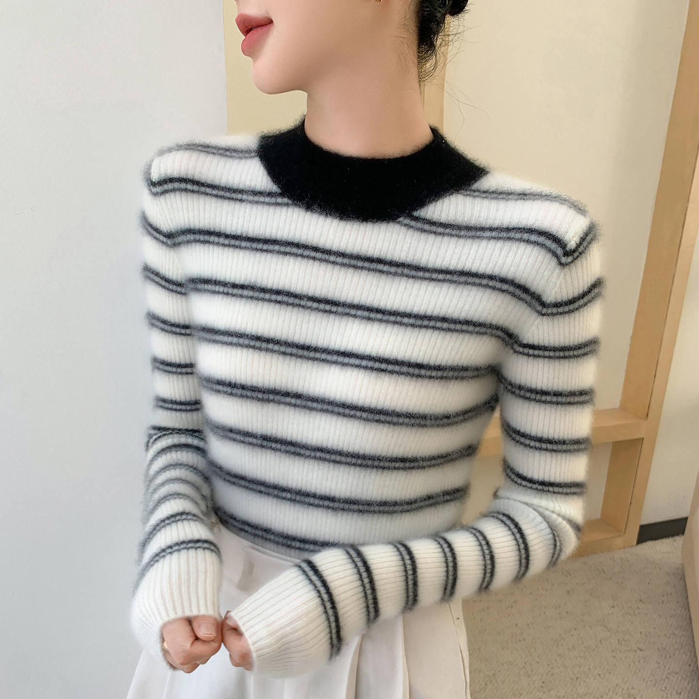 半高领拼色baby小山羊绒衫女毛衣