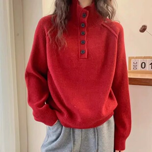 高领加厚100%纯羊毛衫女秋冬季半开纽扣针织衫毛衣宽松羊绒衫打底