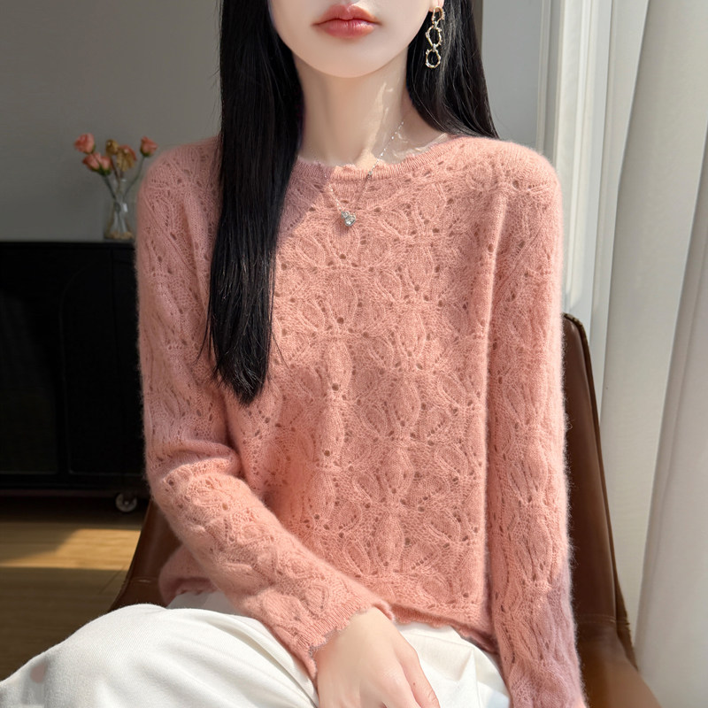 100%纯羊毛衫慵懒风镂空钩花毛衣女花边圆领长袖宽松针织羊绒打底