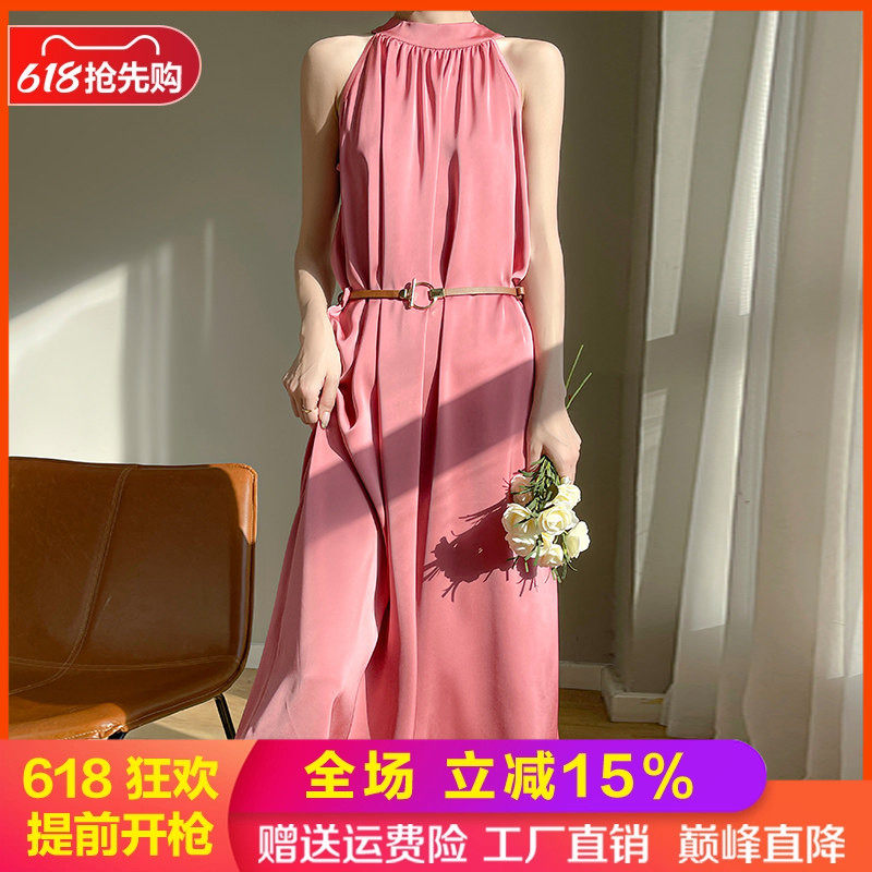 真丝挂脖中长款连衣裙A字裙长裙