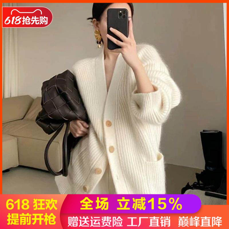 重磅加厚中长v领100%纯羊毛开衫