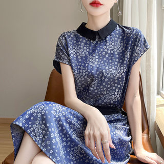 25夏季缎面真丝连衣裙女翻领拼色碎花短袖中长款过膝A字腰带长裙