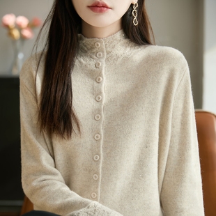 25秋冬卷边半高领精纺羊毛衫女镂空钩花亮片针织毛衣宽松长袖外套