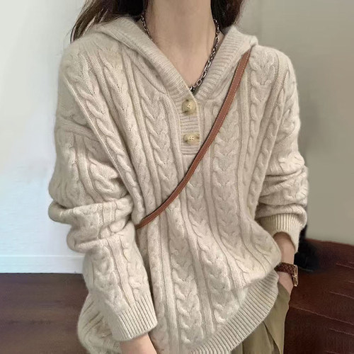 秋冬加厚100%纯羊毛衫女帽衫毛衣