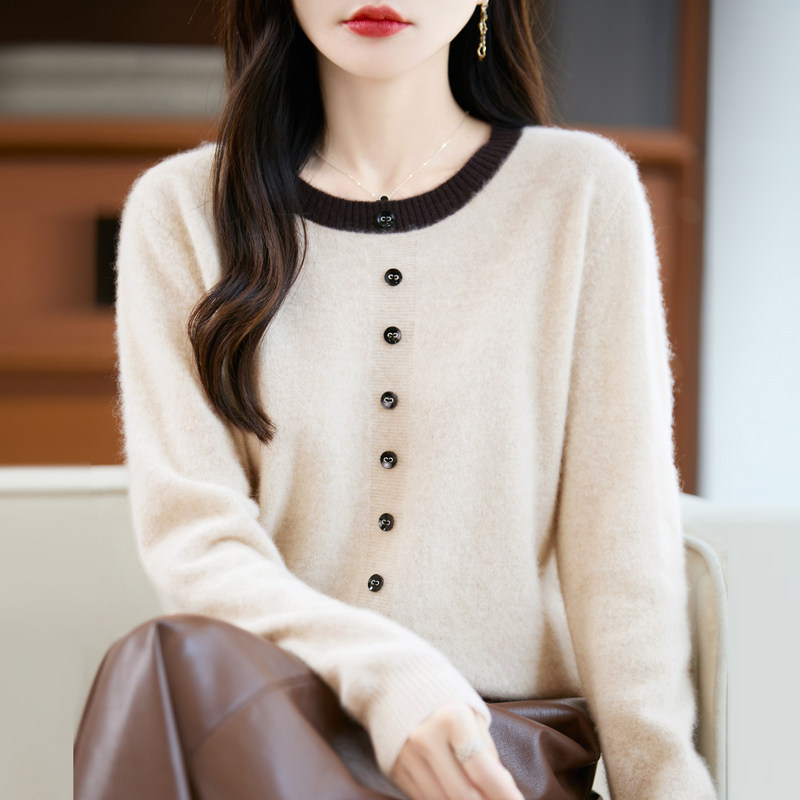 法式高级100%纯羊毛衫女圆领毛衣