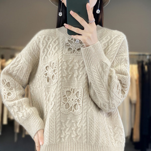 重磅加厚圆领刺绣钩花100%纯羊绒衫女宽松慵懒羊毛针织打底衫毛衣