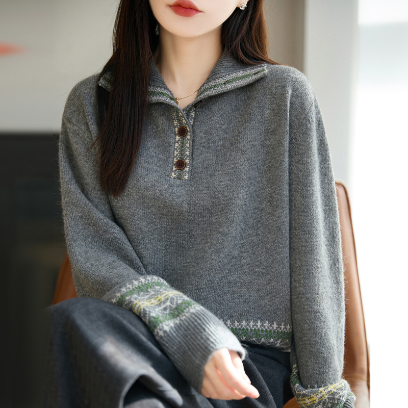 复古拼色加厚精纺羊毛开衫女外套