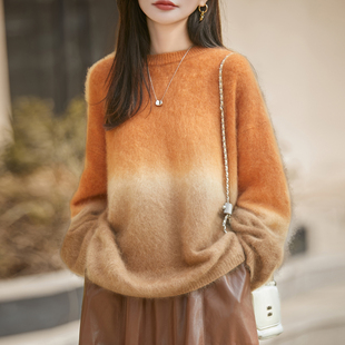 重工拉绒100%纯羊毛衫女圆领渐变拼色加厚针织毛衣宽松打底羊绒衫