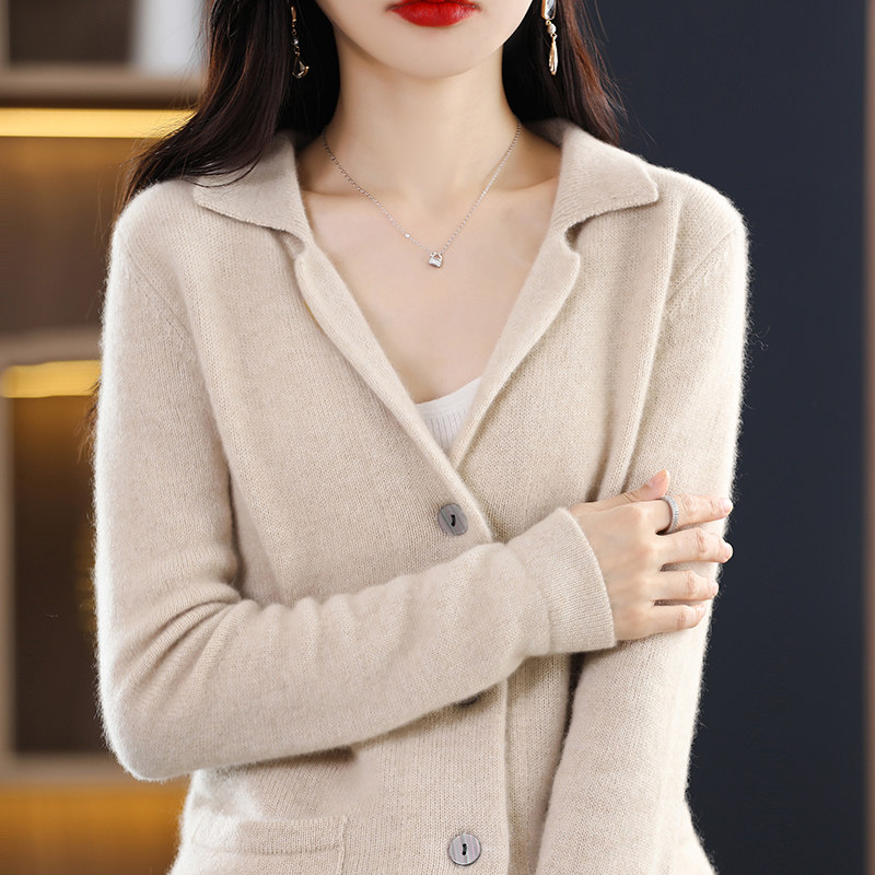 西装领羊绒开衫女秋冬新款v领针织毛衣外套带兜宽松羊毛衫外搭