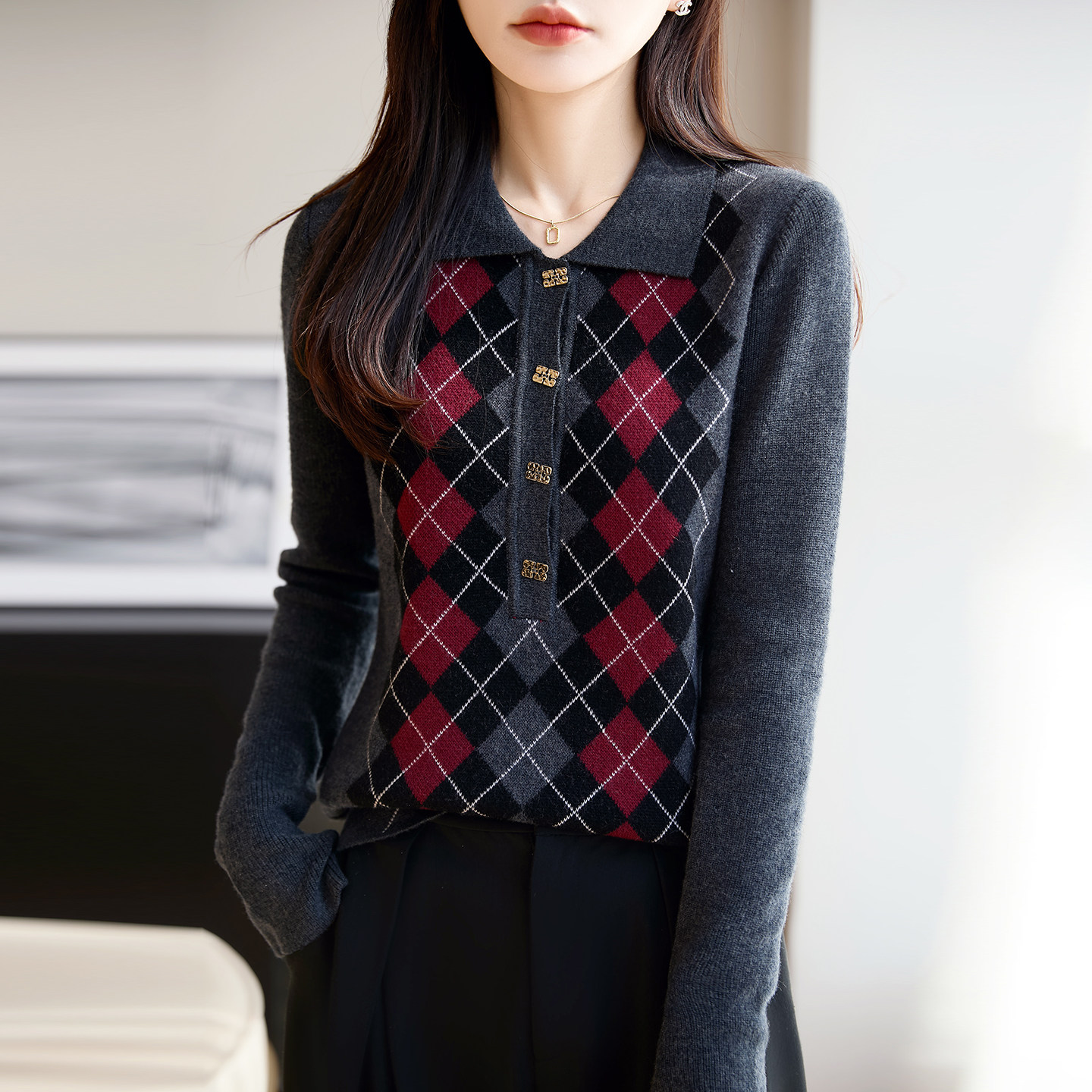 老钱风100%纯羊毛衫女polo领菱格拼色针织衫毛衣宽松羊绒纽扣上衣,女装/女士精品,毛针织衫,淘宝优惠券,粉丝福利购,淘宝优惠卷