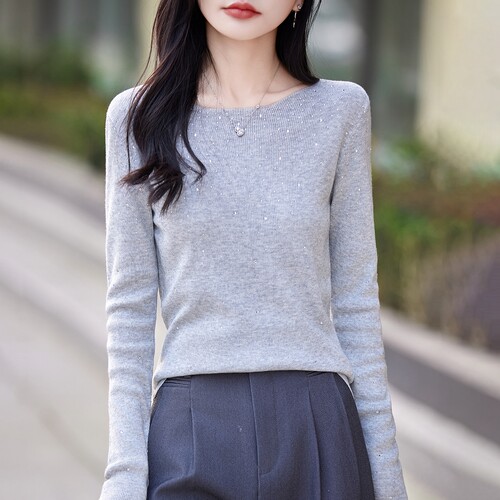 一字领镶钻精纺羊毛衫打底衫毛衣