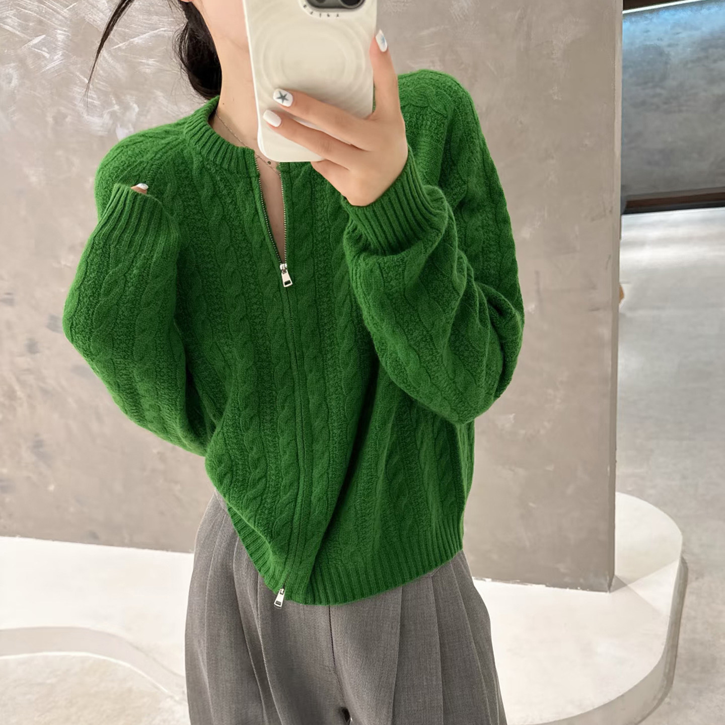 秋冬100%纯羊毛开衫女圆领双拉链加厚提花针织毛衣宽松羊绒衫外套