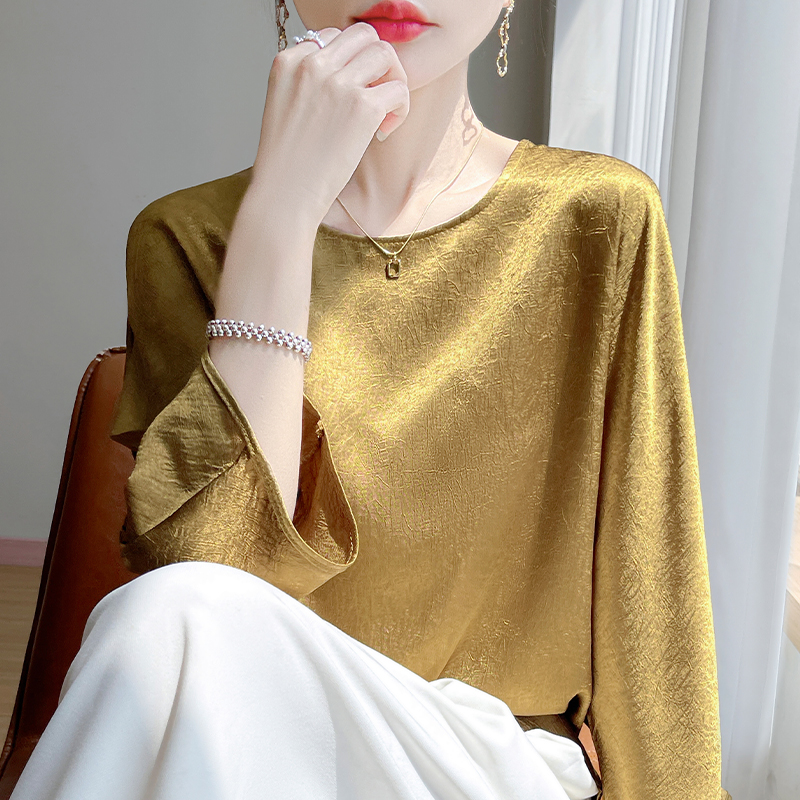 春夏缎面真丝七分袖T恤上圆领肌理感褶皱半袖上衣宽松短袖打底衫