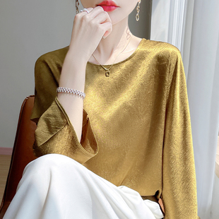 春夏缎面真丝七分袖T恤上圆领肌理感褶皱半袖上衣宽松短袖打底衫