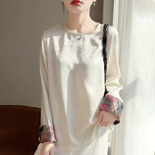新中式国风真丝缎面衬衫女圆领刺绣盘扣提花长袖上衣宽松开叉打底