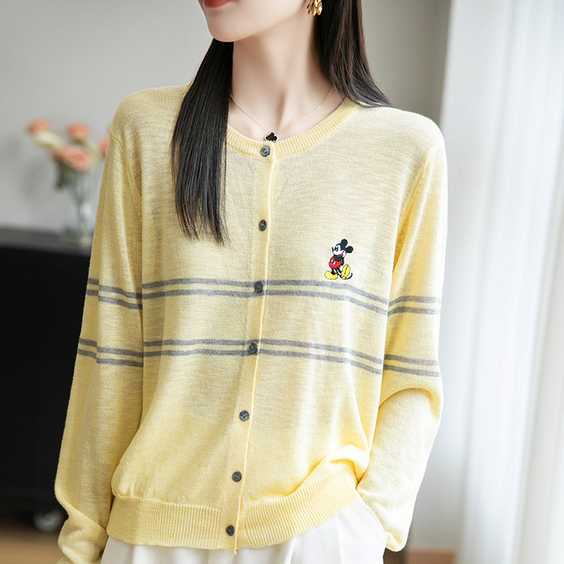 竹节麻针织长袖开衫女圆领拼色